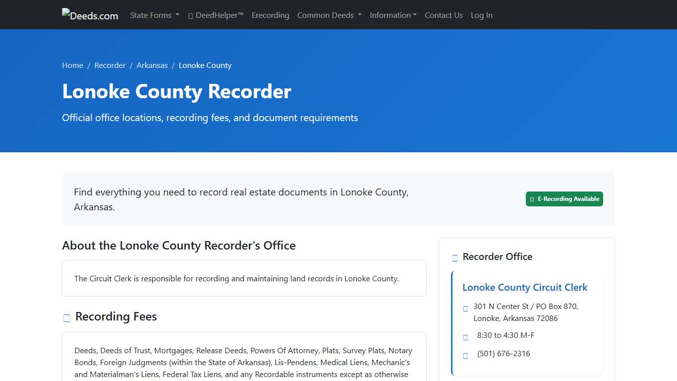Lonoke County Recorder Information, Arkansas - Deeds.com